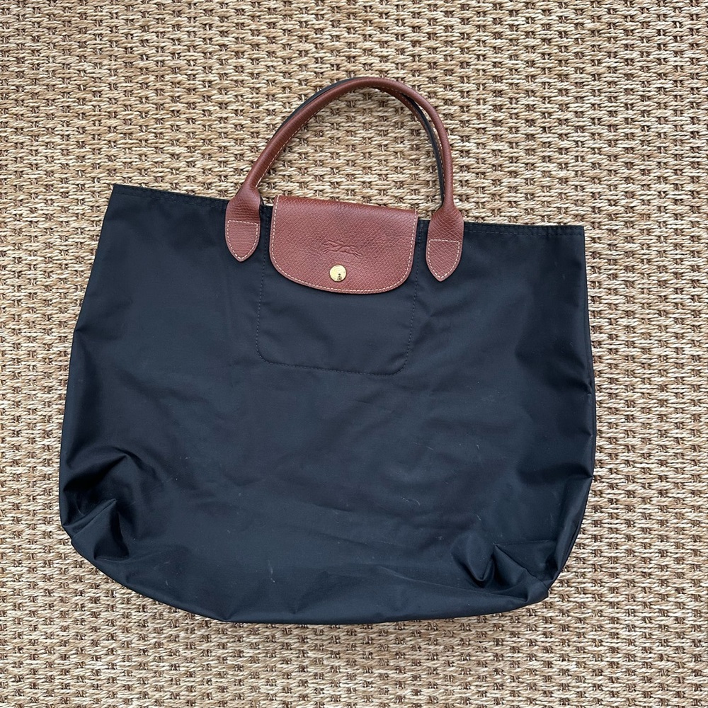Longchamp Black Nylon Tote with Brown Leather Trim